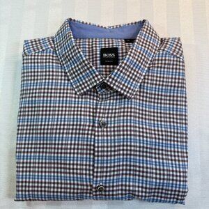 Hugo Boss Nemos 2 Shirt XL Slim Fit Blue Plaid Button Up Long Sleeve Dress Men